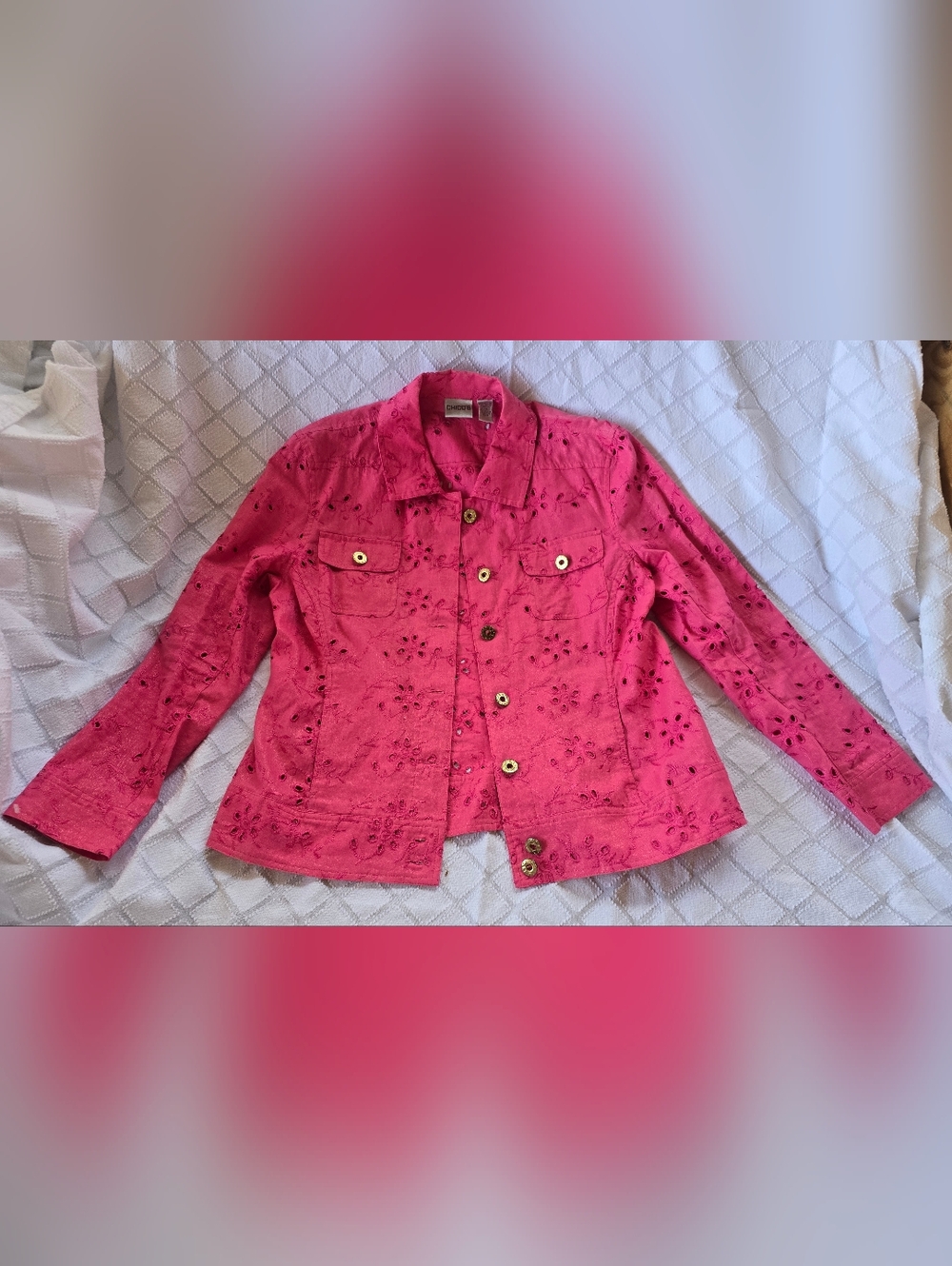 Chicos Eyelet Embroidered Cutout Wearable Art Button Pink Linen Jacket Pockets L